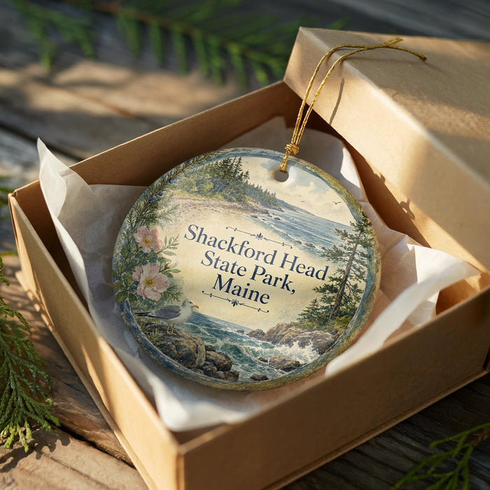 A decorative ornament in a wooden box, featuring a scenic image of Shackford Head State Park in Maine.