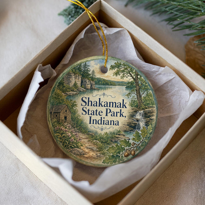 A circular ornament with a scenic landscape of Shokamak State Park, Indiana, displayed in a box with a white tissue paper lining.