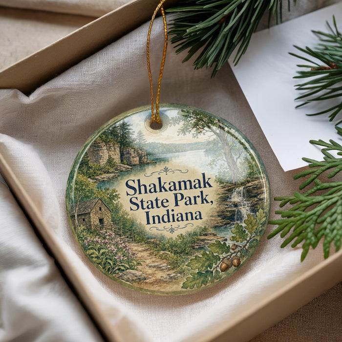 A decorative ornament with a scenic landscape of Shakamak State Park, Indiana, hanging from a string.