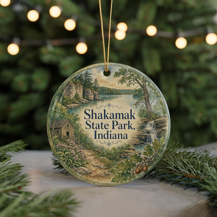 A round ornament with a scenic landscape of Shokamak State Park, Indiana, featuring a lake, waterfall, and forest.