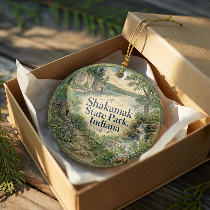 A decorative ornament in a wooden box, featuring a scenic landscape with a waterfall and trees, with the text "Shakamak State Park, Indiana" printed on it.