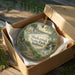 A decorative ornament in a wooden box, featuring a scenic landscape with a waterfall and trees, with the text "Shakamak State Park, Indiana" printed on it.