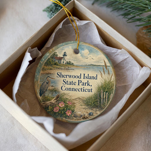 A round ornament with a lighthouse and a bird, placed in a box with a white tissue paper lining.