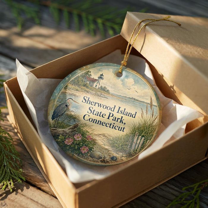 A round ornament in a box, featuring a scenic landscape with a lighthouse, a bird, and flowers, with the text "Sherwood Island State Park, Connecticut" printed on it.