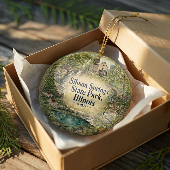 A decorative ornament in a box, featuring a scenic image of Siloam Springs State Park, Illinois.