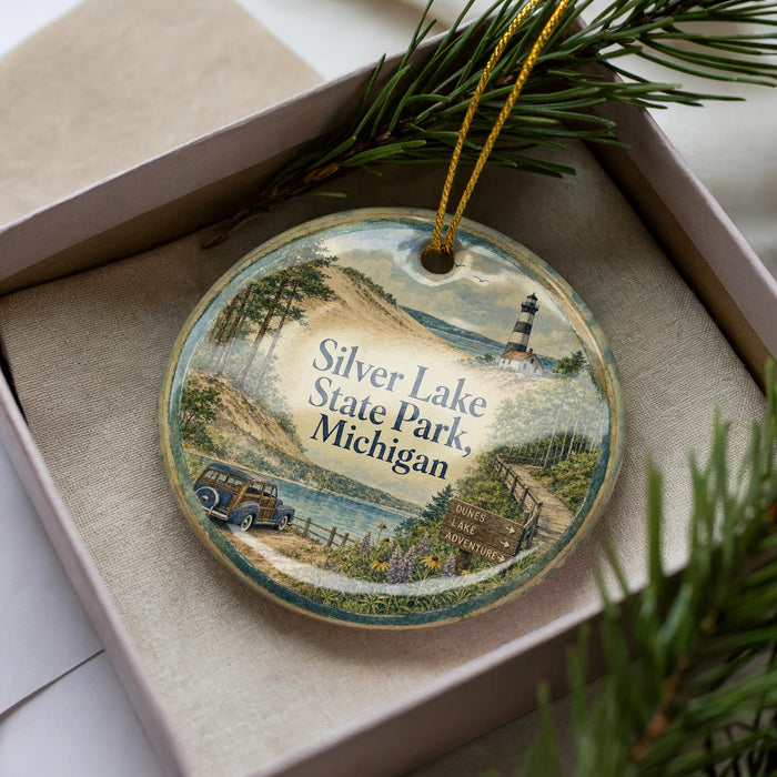 A decorative ornament in a box, featuring a scenic landscape with a lighthouse, trees, and a road.