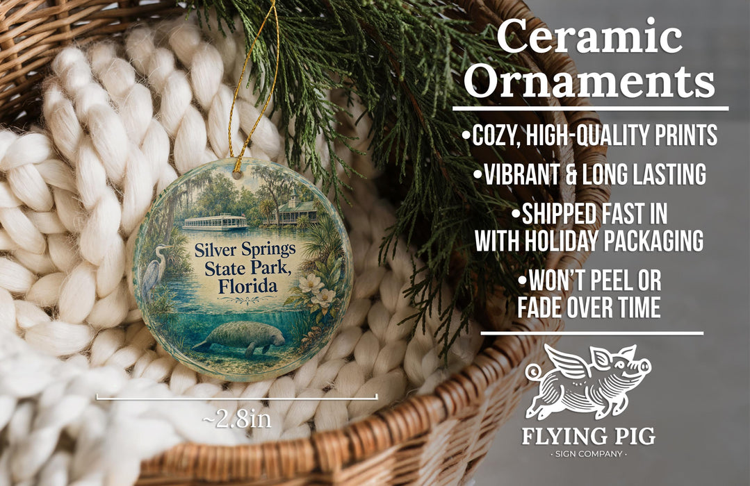 Ceramic ornaments, featuring a detailed image of Silver Springs State Park, Florida, hanging from a wicker basket.