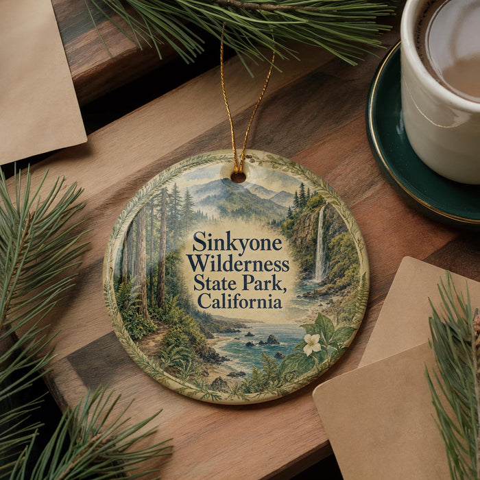A decorative ornament featuring a scenic landscape of Sinkhole Wilderness State Park, California, with pine trees and a waterfall.