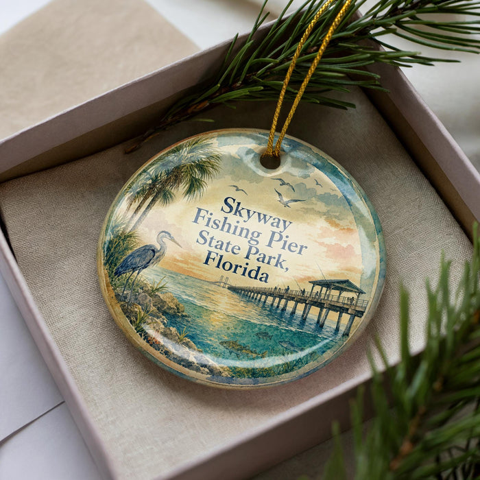A decorative ornament with a beach scene and a pier, featuring a bird and palm trees, is displayed in a box with pine branches.