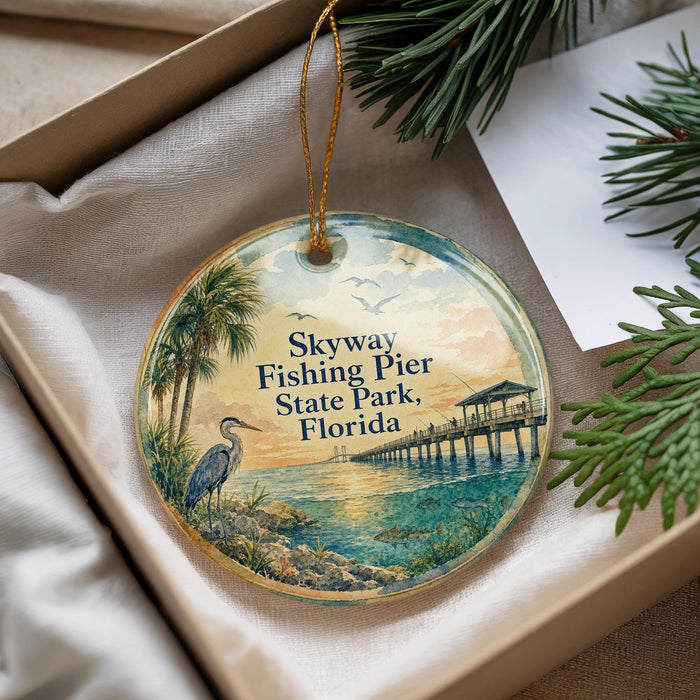 A round ornament with a painting of a pier and palm trees, along with the text "Skyway Fishing Pier State Park, Florida".