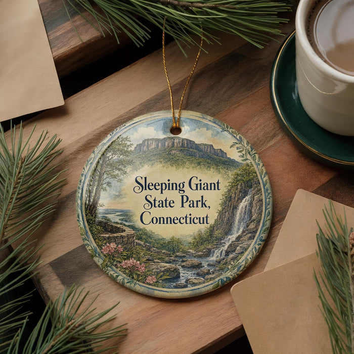 A decorative ornament featuring a scenic landscape with a waterfall and mountains, hanging on a wooden surface.
