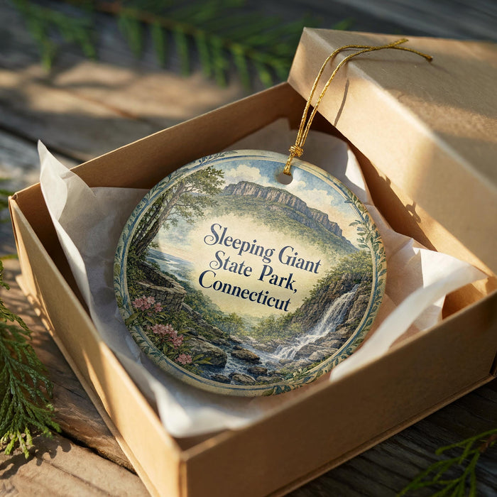 A decorative ornament in a box, featuring a scenic landscape with a waterfall and mountains.
