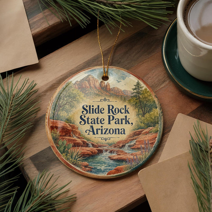 A decorative ornament featuring a scenic landscape of Slide Rock State Park, Arizona, with a waterfall and mountains in the background.