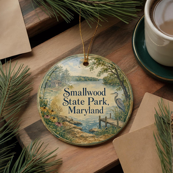 A decorative ornament with a scenic image of Smallwood State Park, Maryland, featuring a lake, trees, and a bird, is displayed on a wooden surface alongside a cup of coffee and some papers.