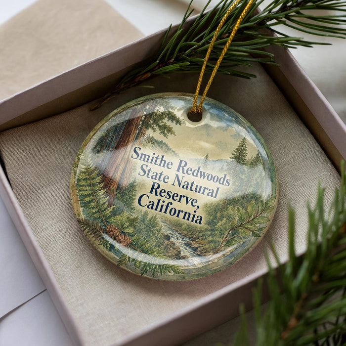 A decorative ornament in a box, featuring a scenic landscape with trees and a stream.