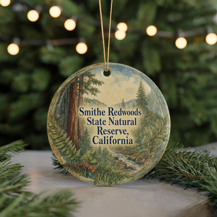 A round ornament with a painting of a forest scene, featuring a tall tree and a stream, hangs in front of a Christmas tree with lights.