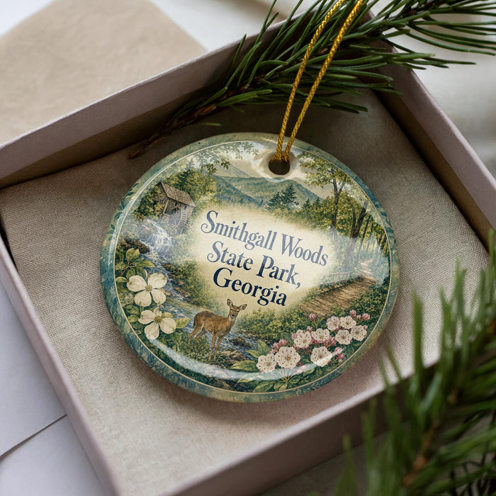 A decorative ornament with a scenic landscape of Smithall Woods State Park, Georgia, featuring a deer, flowers, and a stream.