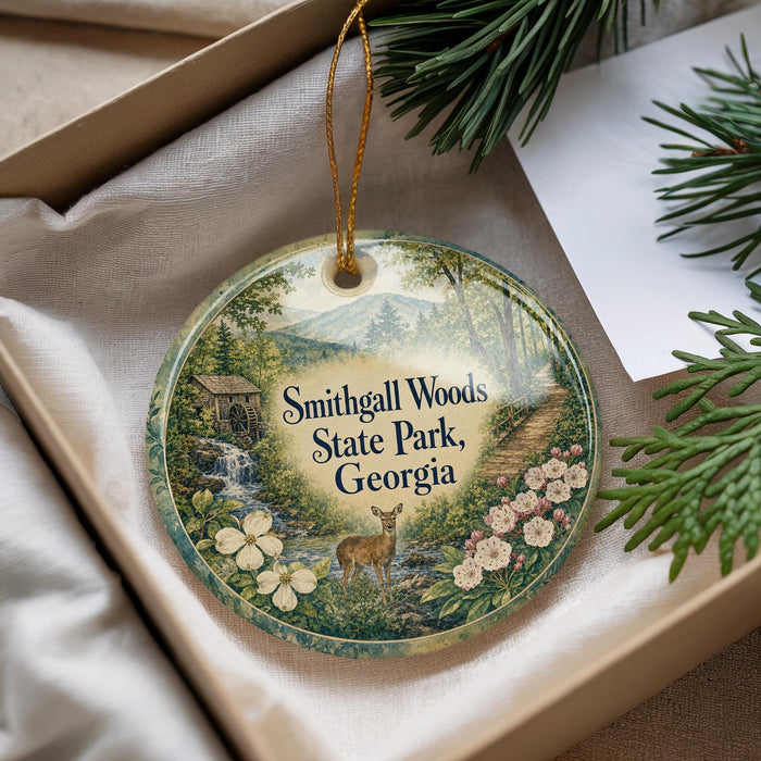 A decorative ornament with a scenic image of Smithall Woods State Park, Georgia, featuring a deer, flowers, and a waterfall.