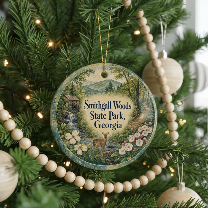 A round ornament hanging on a Christmas tree, featuring a scenic image of Smithall Woods State Park in Georgia.