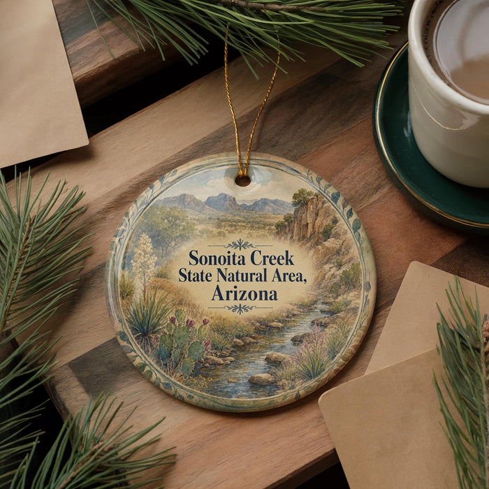 A decorative ornament with a scenic landscape of Sonoteca Creek, the Sonoteca Creek State Natural Area in Arizona, is displayed on a wooden surface alongside a cup of coffee and some pine branches.