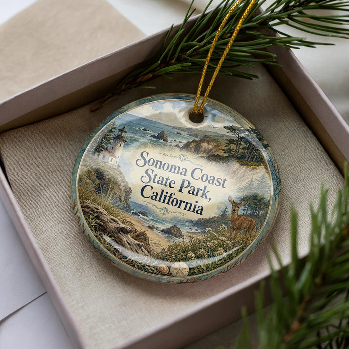 A decorative ornament in a box, featuring a scenic landscape with a lighthouse and a deer, along with the text "Sonoma Coast State Park, California".