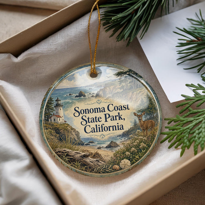 A decorative ornament with a lighthouse and a deer in a forest setting, placed in a box with pine branches.