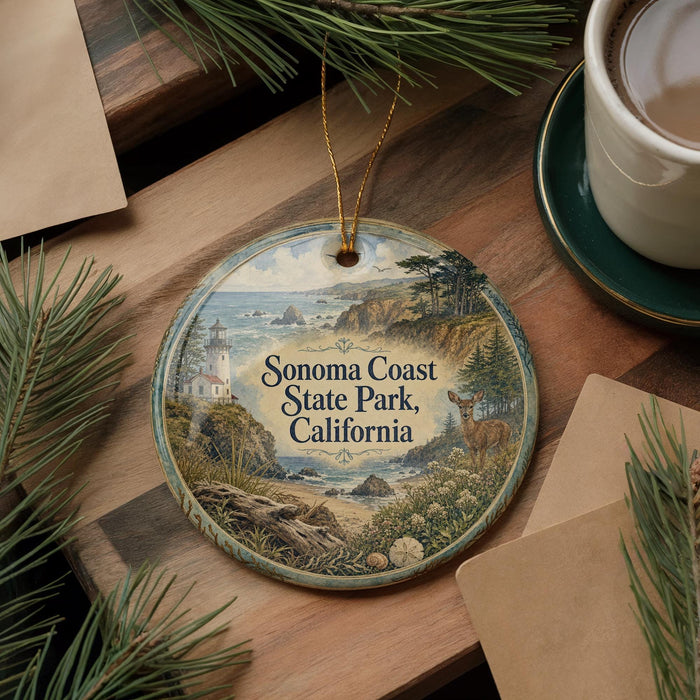A decorative ornament featuring a scenic image of Sonoma Coast State Park, California, with a lighthouse and a deer in the foreground.