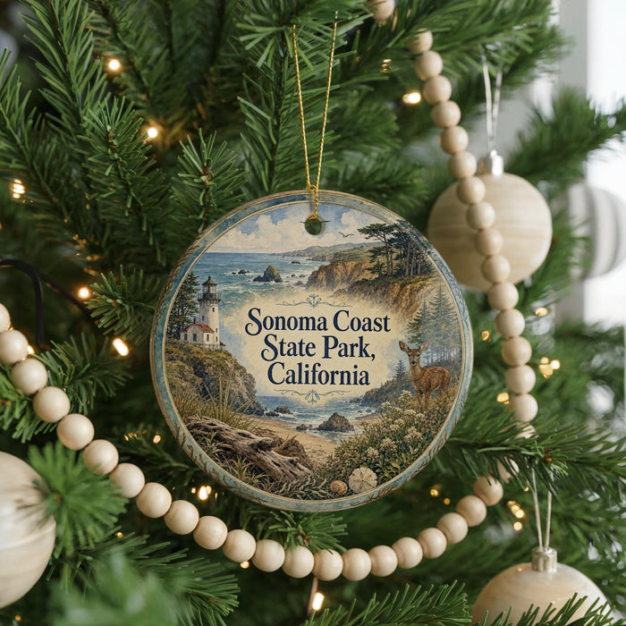 A round ornament hanging on a Christmas tree, featuring a scenic image of Sonoma Coast State Park, California.