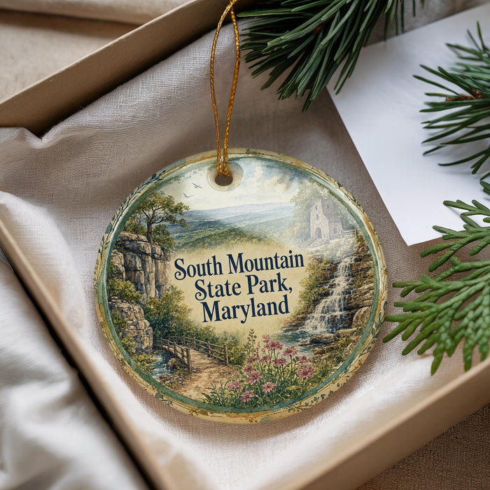 A decorative ornament with a scenic landscape of South Mountain State Park, Maryland, featuring a waterfall and lush greenery.