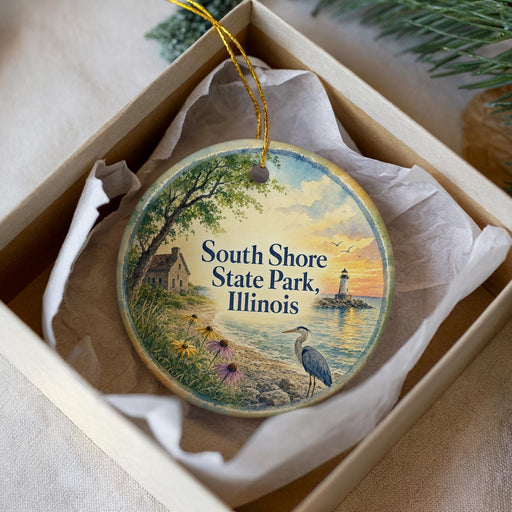 A decorative ornament in a box, featuring a serene landscape with a lighthouse, a bird, and flowers, along with the text "South Shore State Park, Illinois".