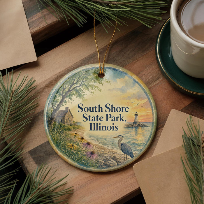 A decorative ornament featuring a serene landscape of South Shore State Park, Illinois, with a lighthouse in the distance and a bird standing on a rock.