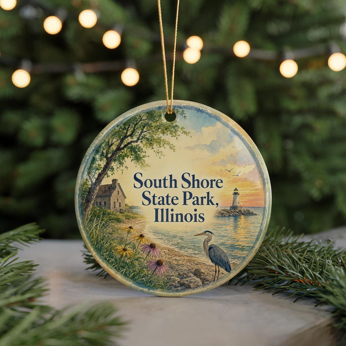 A round ornament with a painting of a lighthouse and a bird, surrounded by greenery and a sunset, hangs on a string.