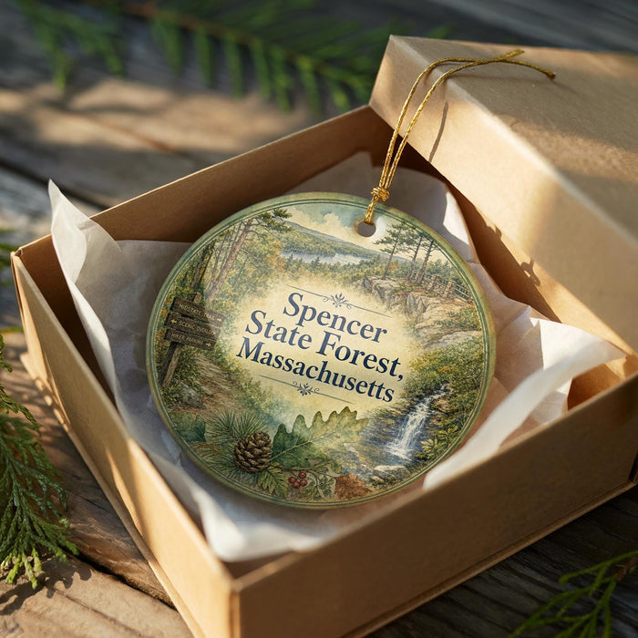 A decorative ornament in a brown cardboard box, featuring a scenic landscape with pine trees, a waterfall, and a pine cone.