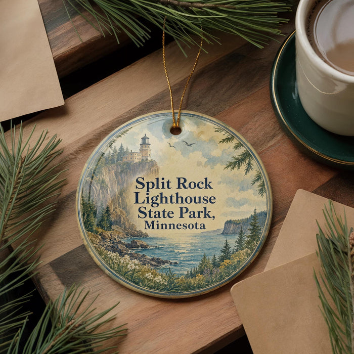 A round ornament with a lighthouse and a scenic landscape, hanging on a wooden surface.