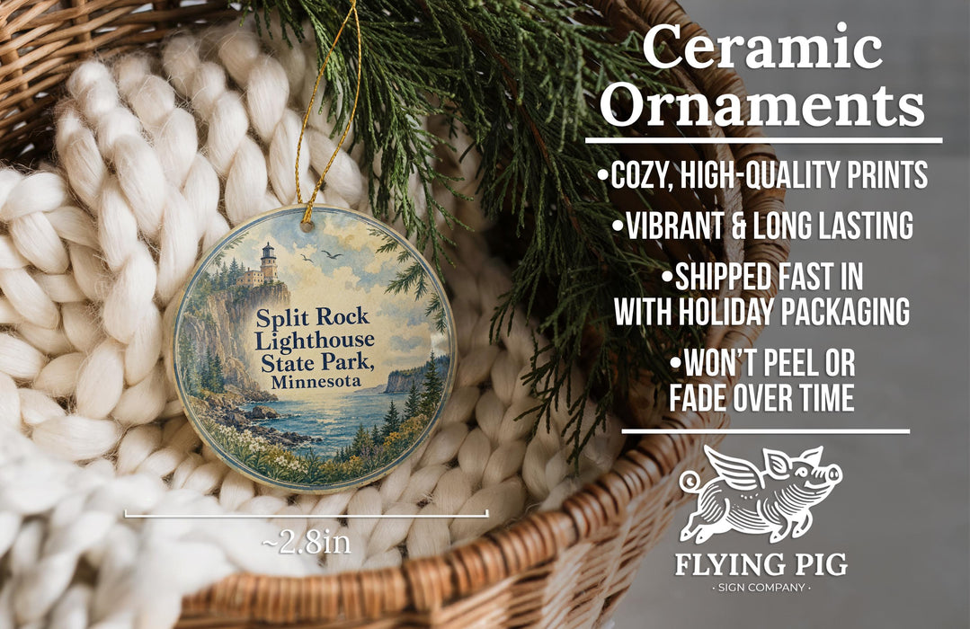 Ceramic ornaments, featuring a lighthouse and a seascape, are displayed in a woven basket.