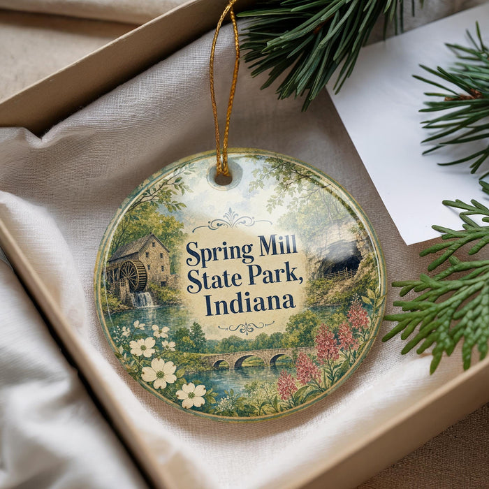 A decorative ornament with a scenic image of Spring Mill State Park, Indiana, hanging from a string.
