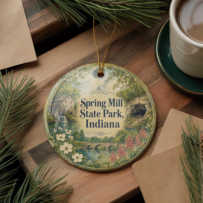 A decorative ornament featuring a scenic image of Spring Mill State Park, Indiana, surrounded by pine branches and a cup of coffee on a wooden surface.