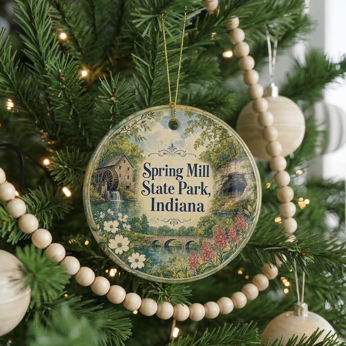 A round ornament hanging on a Christmas tree, featuring a scenic image of Spring Mill State Park, Indiana.