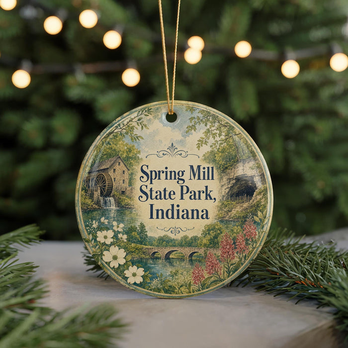 A round ornament with a scenic illustration of Spring Mill State Park, Indiana, featuring a watermill, trees, and flowers.