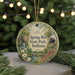 A round ornament with a scenic illustration of Spring Mill State Park, Indiana, featuring a watermill, trees, and flowers.