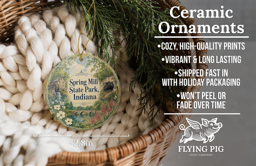 Ceramic ornaments, featuring a Spring Mill State Park, Indiana design, are displayed in a woven basket.