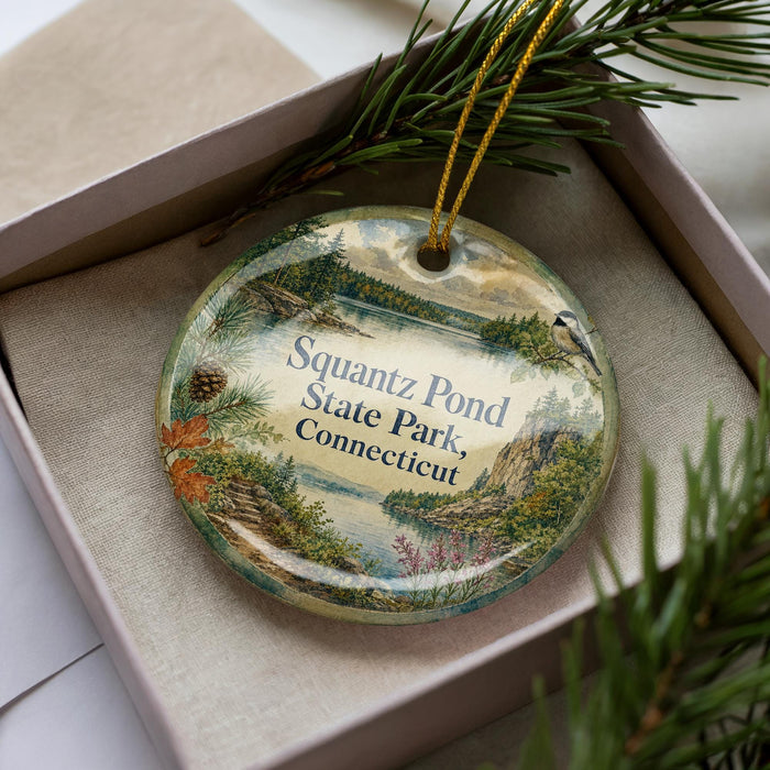 A decorative ornament in a box, featuring a scenic landscape with a pond, pine trees, and mountains.