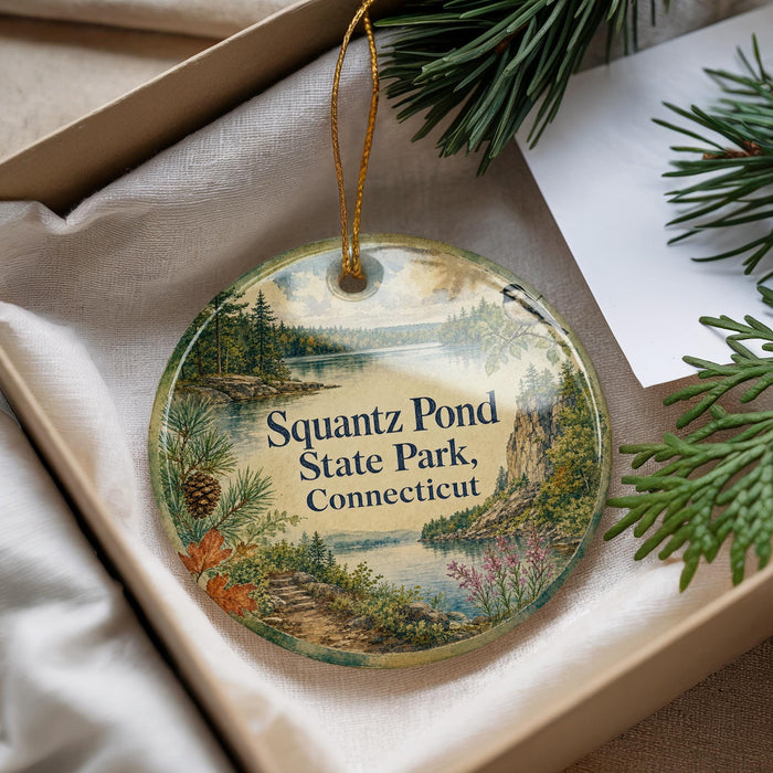 A decorative ornament with a scenic landscape of a pond and forest, featuring pine trees and a lake, is displayed in a box with pine branches.