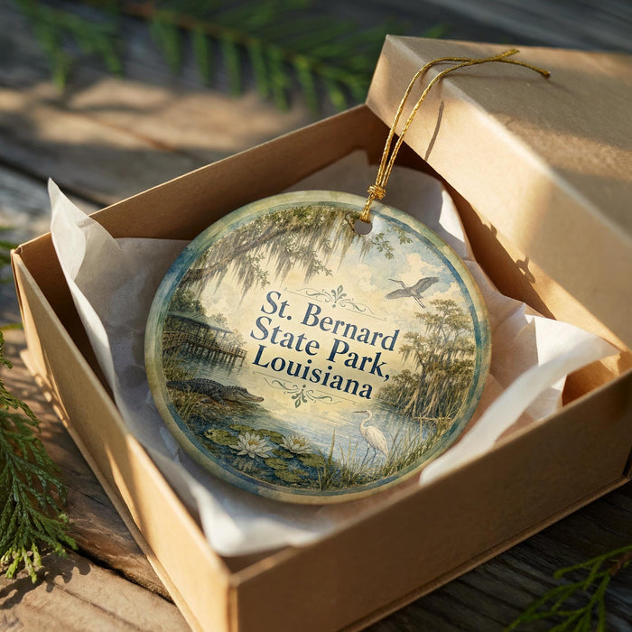 A circular ornament in a wooden box, featuring a scenic image of St. Bernard State Park in Louisiana.