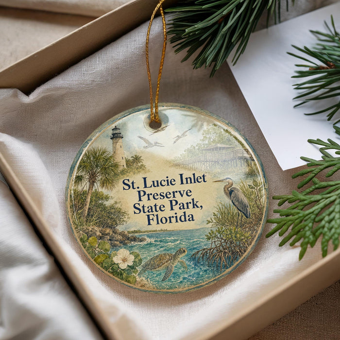 A round ornament with a lighthouse and tropical landscape, placed in a box with pine branches.