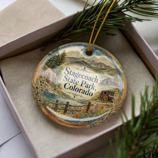 A decorative ornament in a box, featuring a scenic landscape with mountains, trees, and a river.