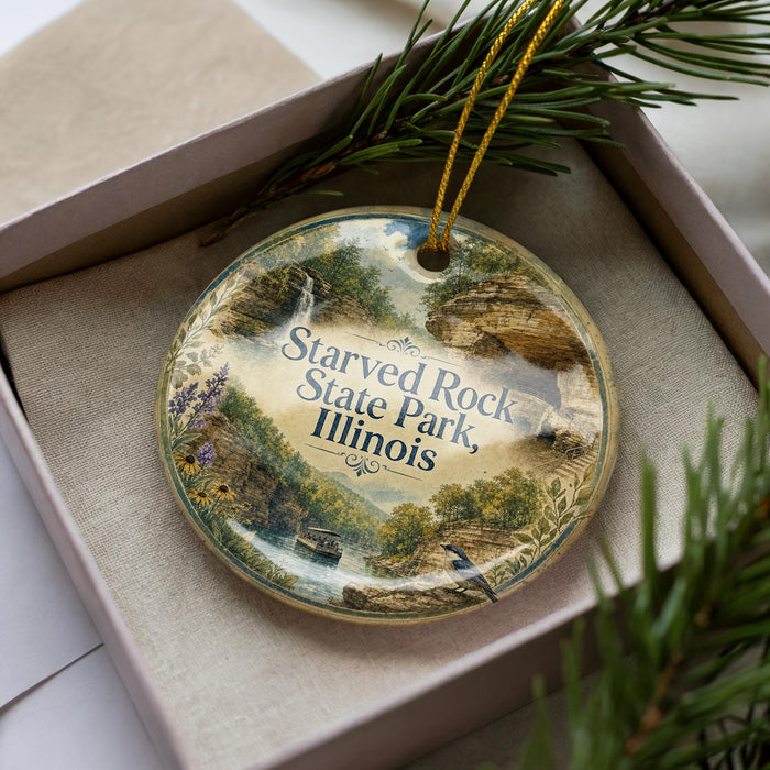 A decorative ornament in a box, featuring a scenic landscape with a river, cliffs, and pine trees.