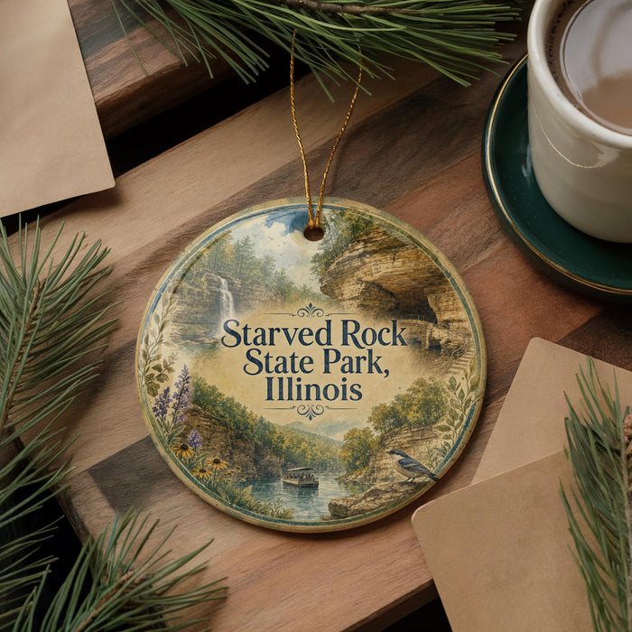 A round ornament with a scenic image of Starved Rock State Park, Illinois, hanging on a wooden surface.