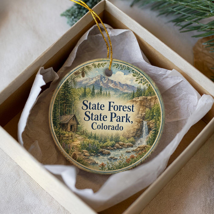 A decorative ornament in a box, featuring a scenic landscape with a cabin, mountains, and a waterfall.