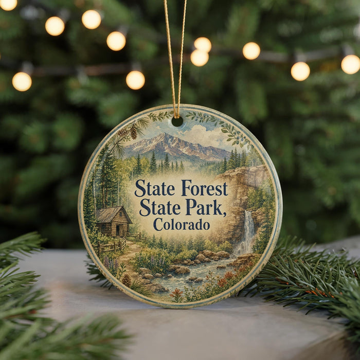 A round ornament with a scenic image of State Forest State Park, Colorado, hanging from a string.